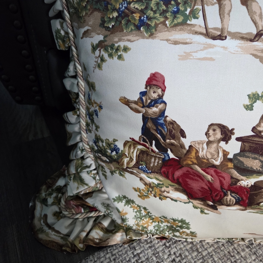 French Country Toile Ruffled Throw Pillows with Rustic Scene - Picture 5 of 17